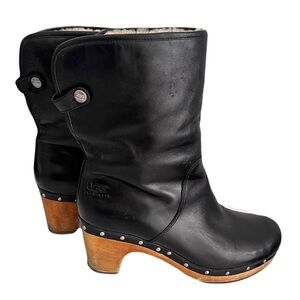 Ugg Black Leather ‘Lynnea’ Fold-over Shearling Lined Heeled Clog Boots, Size 8